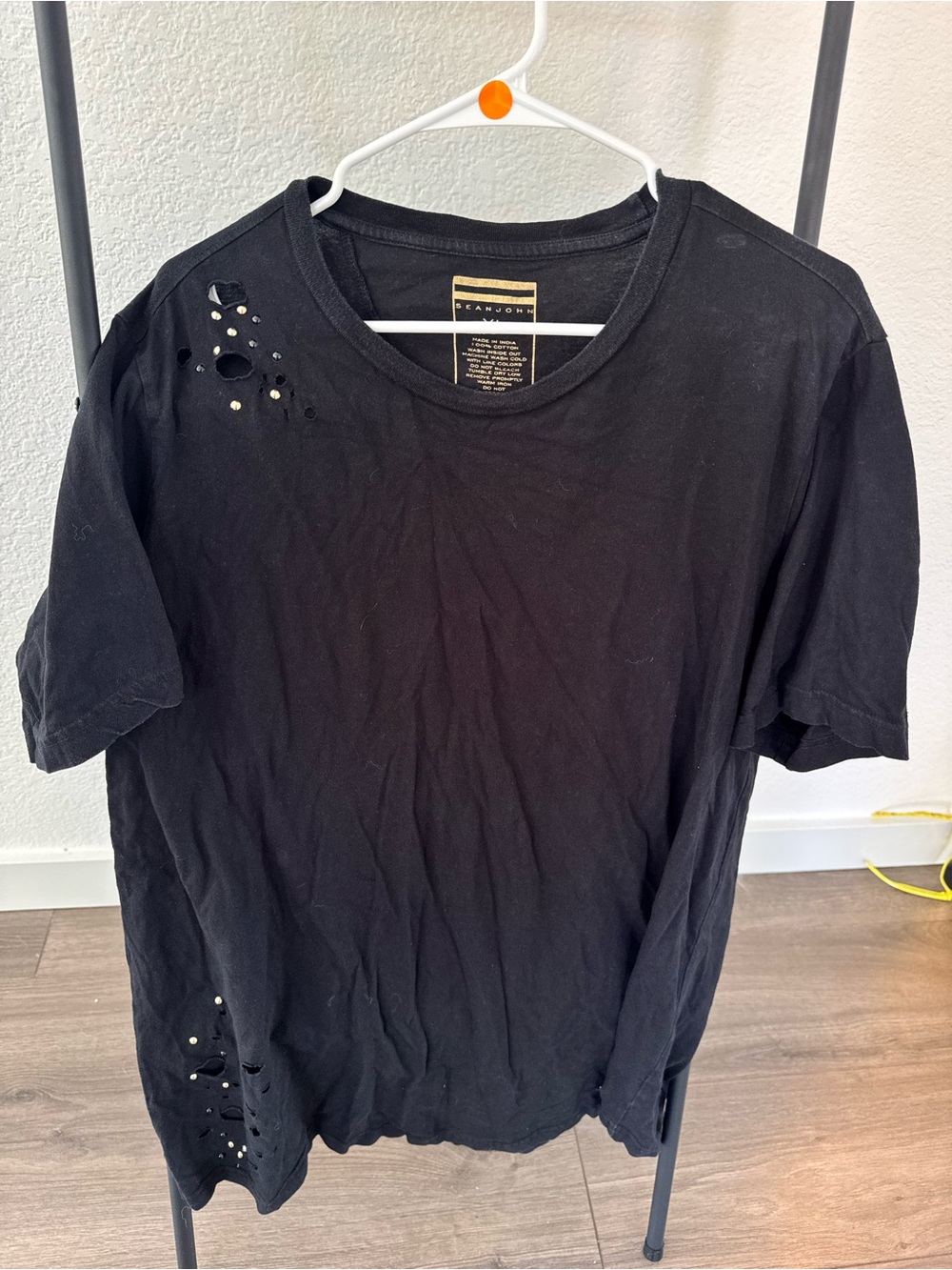 Sean John Black Short-Sleeve Distressed Tee with Stud Accents